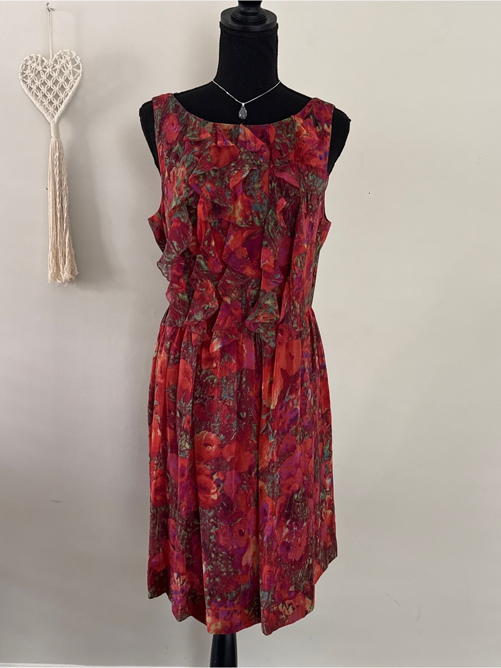 Maggy London Silk Red Floral Ruffle Sleeveless Dress